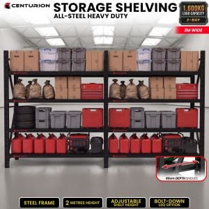 Centurion 2 Bay Heavy Duty All Steel Garage Shelving Unit 1600kg 3m Wide 60cm Shelf Black Warehouse Storage Rack 2m