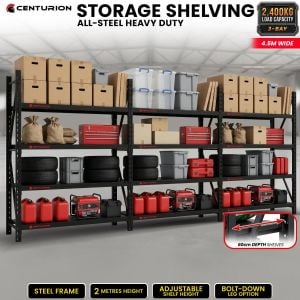 Centurion 3 Bay Heavy Duty All Steel Garage Shelving Unit 2400kg 4.5m Wide 60cm Shelf Black Warehouse Storage Rack 2m