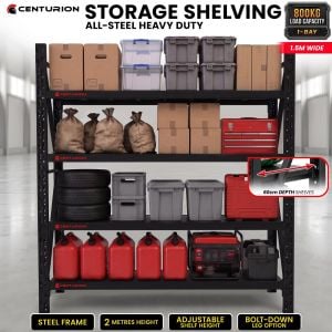 Centurion 1 Bay Heavy Duty All Steel Garage Shelving Unit 800kg 1.5m Wide 60cm Shelf Black Warehouse Storage Rack 2m