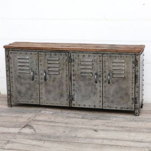 Industrial Iron Locker Sideboard Reclaimed Railway Sleeper Wood Top 4-Door Rustic Metal Storage Cabinet Credenza