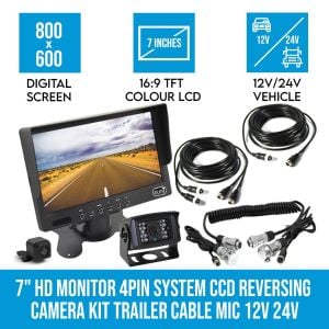 7in HD Monitor 4pin System CCD Reversing Camera Kit Cable Mic 12V 24V