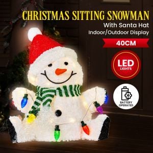 Christabelle 40cm Light Up Sitting Snowman Christmas Decoration with 35 Warm White LED Lights Festive Tabletop Decor