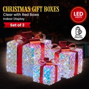 Christabelle Set of 3 Christmas Gift Boxes with Lights - Clear Shimmer with Red Bows