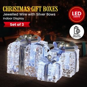 Christabelle Set of 3 Christmas Gift Boxes with Lights With Jewelled Wire and Silver Bows