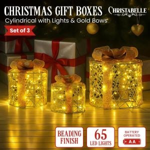 Christabelle Battery Operated Golden Cylindrical Christmas Gift Boxes with Lights - Set of 3