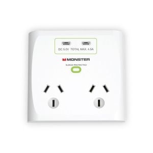 Monster Dual Socket Surge Protector with Dual USB-C Ports - White