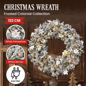 Christabelle 1.2m Frosted Colonial Pre-Lit Christmas Wreath, 200 Warm White LED Lights, Snowy Holiday Decor