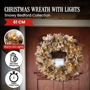 Christabelle 61cm Snowy Christmas Wreath Bedford with LED Lights Front Door Decoration Ornament