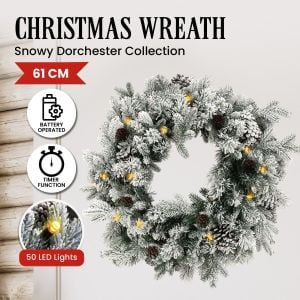 Christabelle 61cm Snowy Christmas Wreath with LED Lights Dorchester Front Door Decoration Ornament