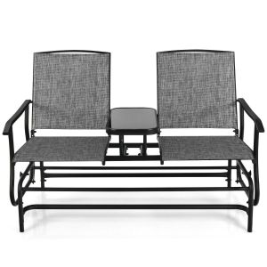 2 Person Mesh Fabric Glider Chair With Center Table Outdoor - Grey