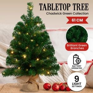 Christabelle Chadwick Green Pre-Lit Christmas Tree 61cm Tabletop Centrepiece 25 Warm White LED Lights Xmas Decor Set