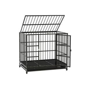 Dog Cage Crate Large Puppy Cat Anti-bite Pet Kennel Wheels W/tray Metal