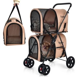4-in-1 Double Pet Stroller w/ Detachable Carrier For Cats Travel Beige