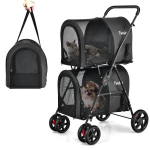 4-in-1 Double Pet Stroller w/ Detachable Carrier For Cats Travel Black