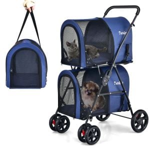 4-in-1 Double Pet Stroller w/ Detachable Carrier For Cats Travel Navy