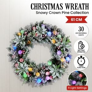 Christabelle Stunning 61cm Snowy Christmas Wreath with LED Lights Crown Pine Pre-Lit Baubles Front Door Decoration Ornament