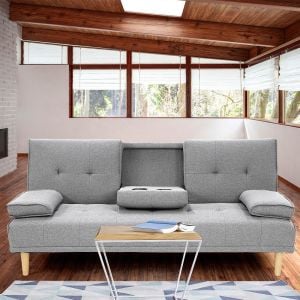 Marseille Linen Home Theatre Sofa Bed with Cup Holders by Sarantino - Light Grey