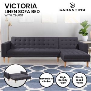 Victoria Modular Tufted Linen Sofa Bed with Chaise by Sarantino - Dark Grey