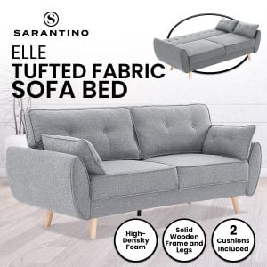Elle Button-Tufted Fabric Sofa Bed w/ Cushions by Sarantino Light Grey
