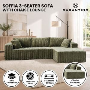 Sarantino Soffia 2.75m Green Corduroy Corner Sofa with Chaise L-Shape Sectional Couch 3 Seater Lounge Sofa in a Box