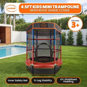 Kahuna 4.5ft Kids Trampoline with Roof Shade Cover & Safety Net Enclosure - Outdoor Indoor Toddler Play Red Blue