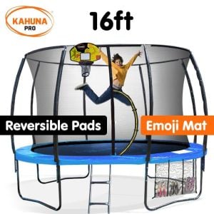 Kahuna Pro 16 ft Trampoline with Emoji Mat Reversible Pad Basketball Set