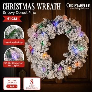 Christabelle 61cm Christmas Wreath Snowy Dorset Pine with Multi-Function LED Lights Tree Door Decoration Ornament