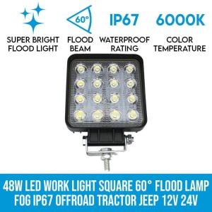 48w Led Work Light Square 60 Flood Lamp Fog Ip67 Tractor Jeep 12v 24v