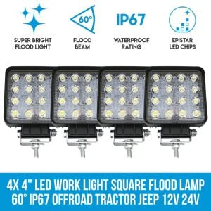 Elinz 4x 4in Led Work Light Square Flood Lamp 60 Ip67 Offroad  12v 24v