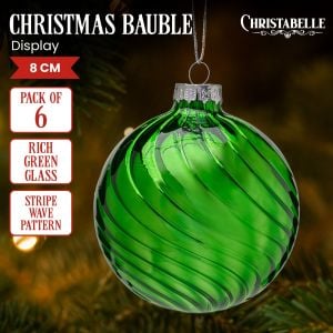 Christabelle Box of 6 Rich Green Glass Baubles with Stripe Wave Pattern