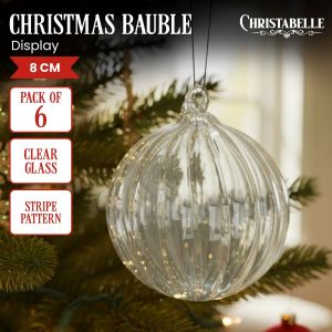 Christabelle Box of 6 Clear Glass Baubles with Stripe Pattern