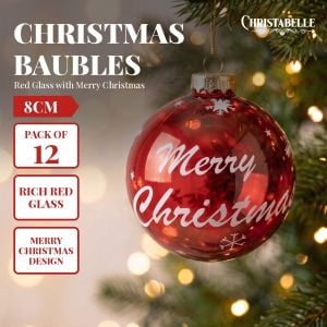 Christabelle 12 Red Glass Christmas Baubles Merry Christmas Design 8cm Xmas Tree Decorations Hanging Ornaments