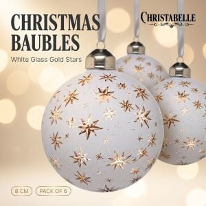 Christabelle 6 Large White Glass Christmas Baubles Gold Star 8cm Xmas Tree Decorations Hanging Ornaments Boxed Set