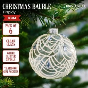 Christabelle Clear Glass Baubles 6Pcs with White Swirls & Teardrop Gems Balls Christmas Tree Decoration Ornament