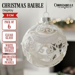 Christabelle Box of 6 Clear Glass Baubles with Glitter Swirls and Pearls