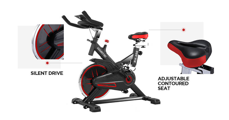 An exercise bike with a saddle and flywheel An exercise bike with a saddle and flywheel