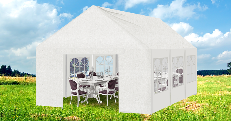 Marquee exterior setup on a large field (preferably using our own wedding marquee