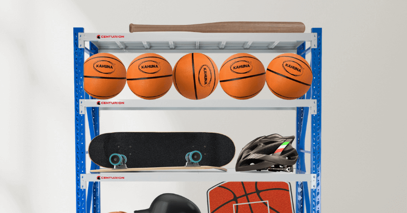 Basketballs and other sports equipment in garage shelving Basketballs and other sports equipment in garage shelving