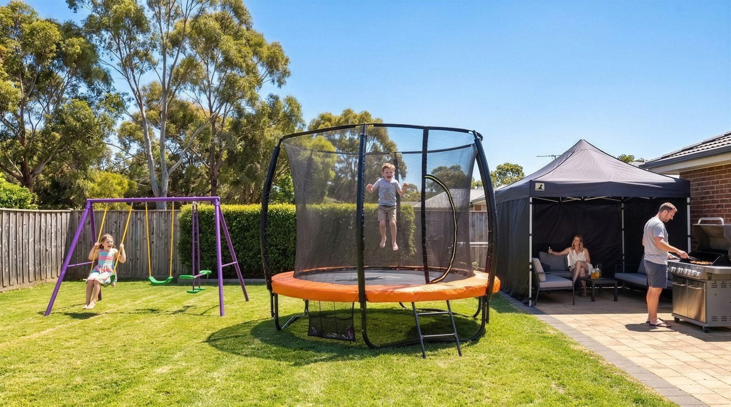 An Australian backyard with a trampoline, a swing set and a gazebo on a summer afternoon