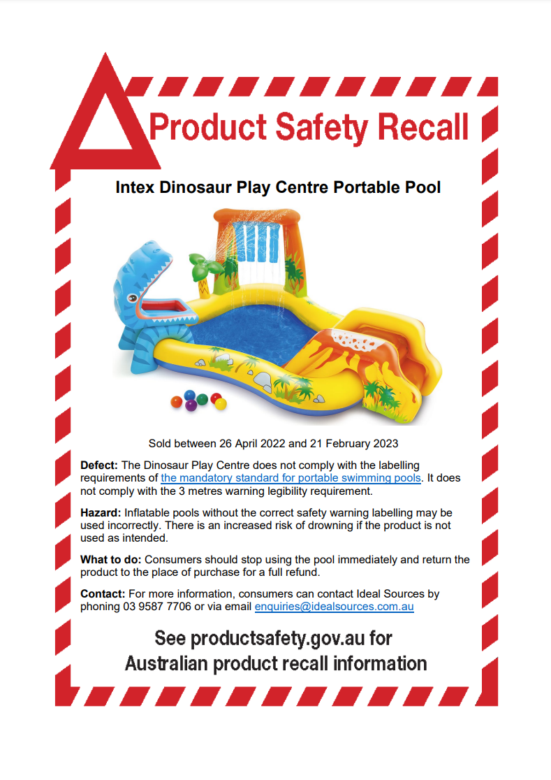 Intex Dinosaur Play Centre Portable Pool product recall