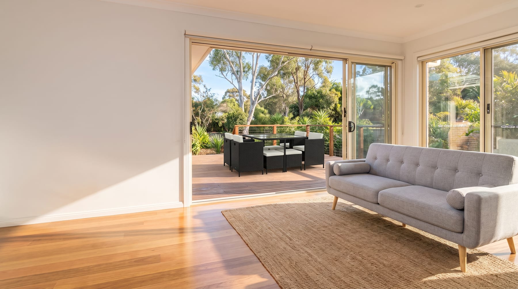 An Australian living room opening onto a decked backyard, with a light grey sofa inside and an outdoor dining setting on the deck.